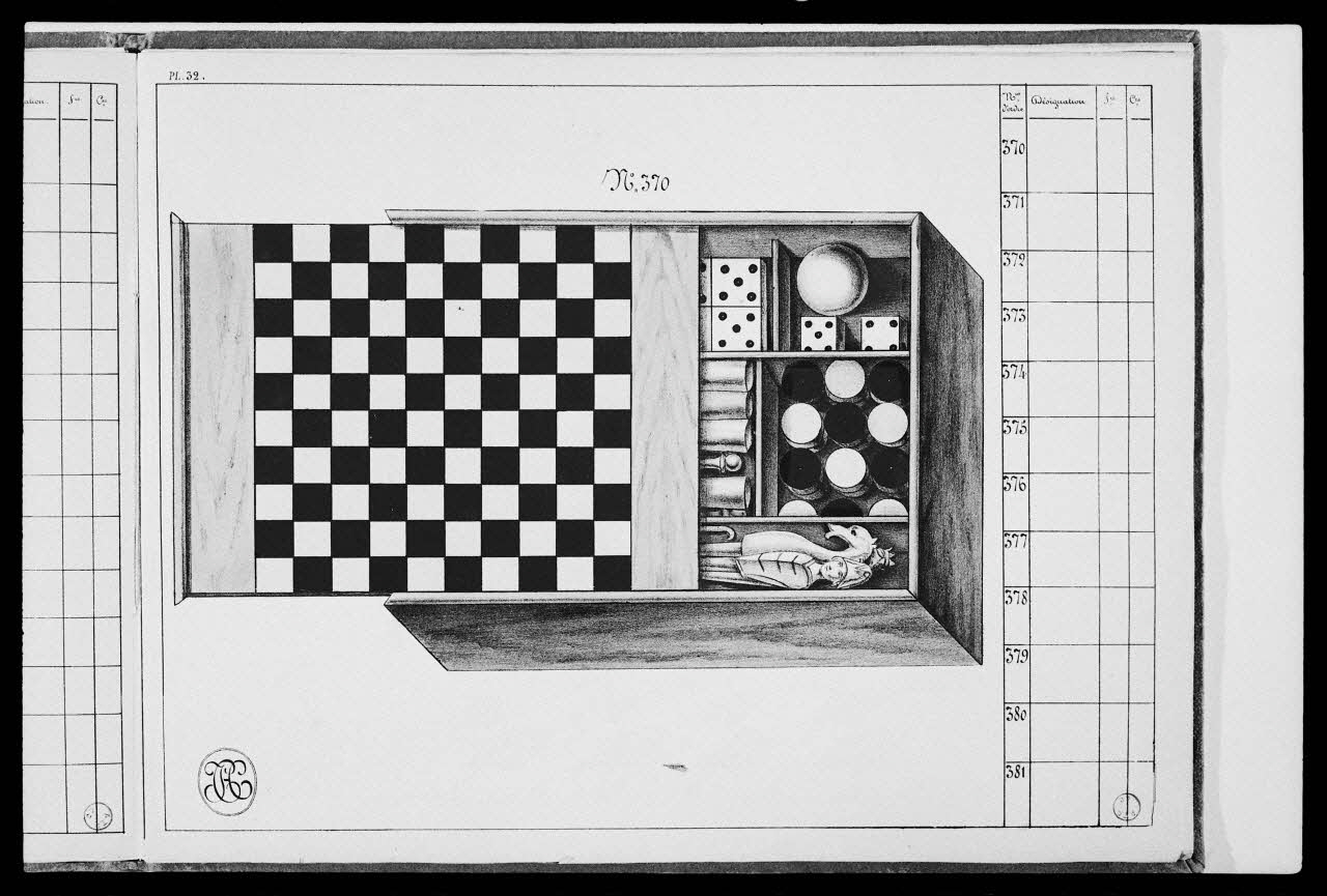 photographie "Album de jeux et tabletterie : jeu de table, échiquier". Catalogue daté de 1850. Reproduction industrielle et gouache, dessin et lithographie par Defrondats Ph.1984.2.165 Photo