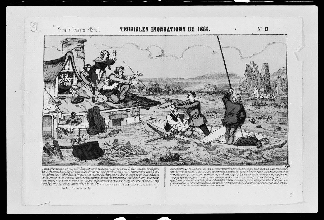 photographie Estampe accompagnée d'un texte représentant une inondation. Datée de 1866. Bois couleur. Maison Pinot Sagaire à Epinal Ph.1984.2.29 Photo