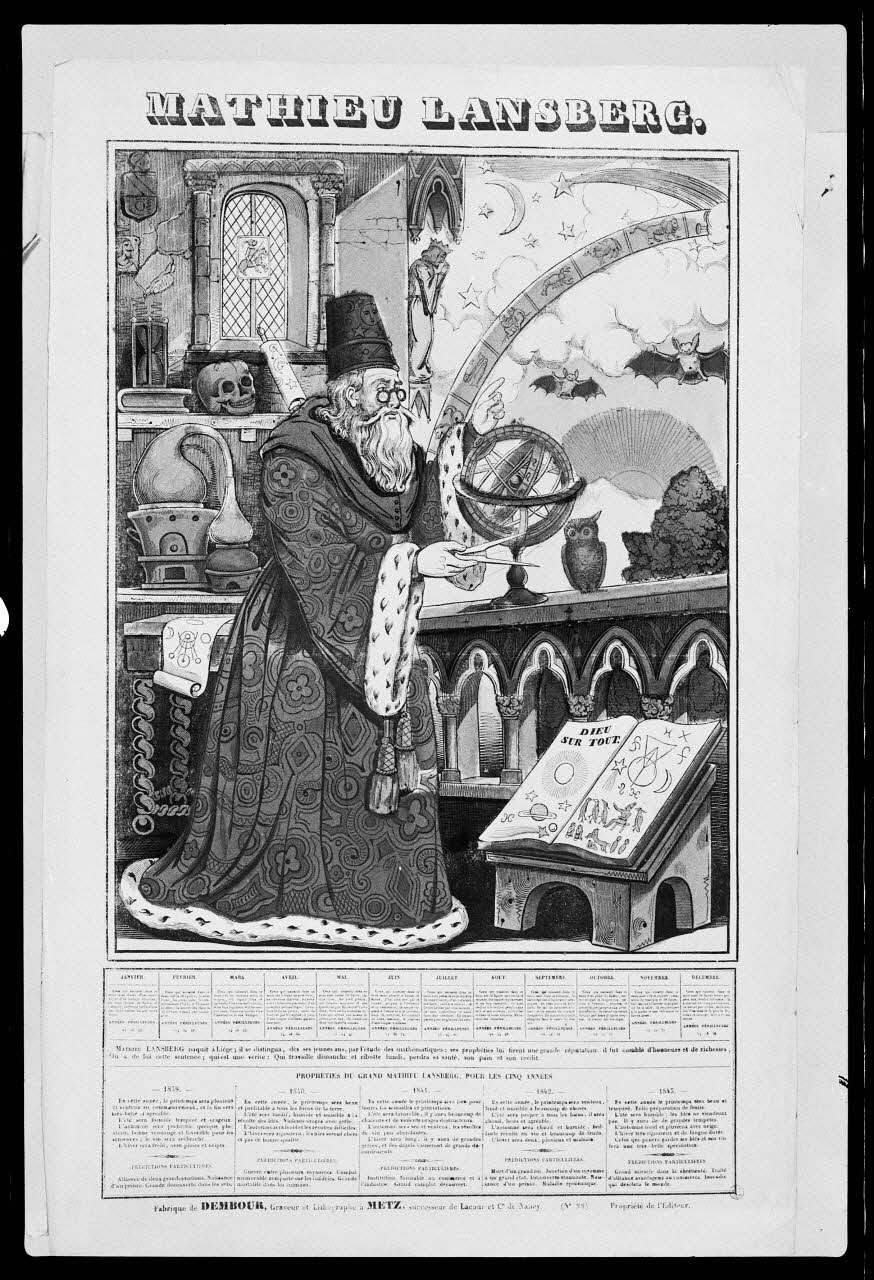 photographie Estampe accompagnée d'un texte représentant Mathieu Laensberg. Bois couleur. Maison Dembourg à Metz Ph.1984.2.36 Photo