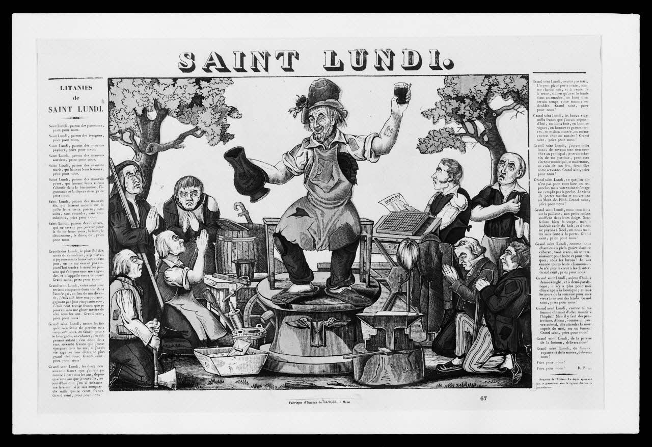 photographie "Saint Lundi, patron des ivrognes, paresseux".Estampe. Bois couleur. Maison Gangel à Metz Ph.1984.2.4 Photo