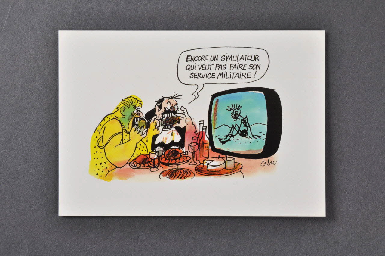 Cabu ; Association Aides carte postale "Encore un simulateur qui ne veut pas faire son service militaire." France 2002 2002.93.11.2 Photo Mucem