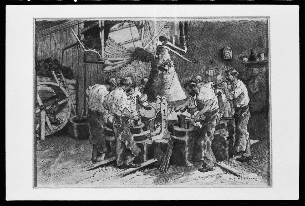 photographie Aquarelle par Ryckebusch. Atelier de cloutier avec soufflet et chien Ph.1984.58.1 Photo