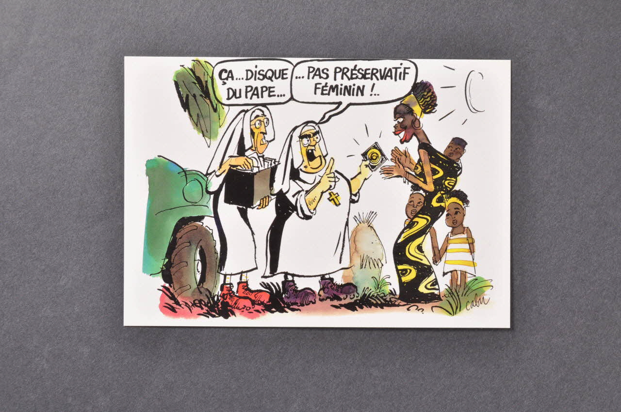Cabu ; Association Aides carte postale "ça... disque du pape...pas préservatif féminin" France 2002 2002.93.11.26 Photo Mucem