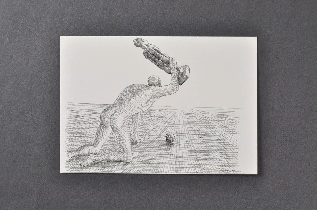 Cardon ; Association Aides carte postale Homme nu essayant d'écraser le virus France 2002 2002.93.11.5 Photo Mucem