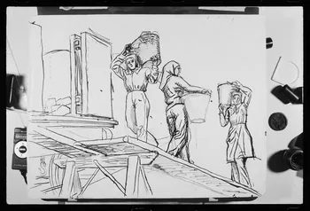 photographie "Capus déchargeant un wagon de charbon". Dessin à la plume de Jean Amblard Ph.1985.2.208  Photo