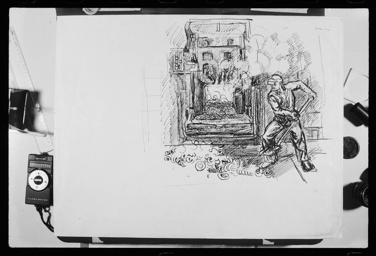 photographie "Chargeur du four électrique". Dessin à la plume de Jean Amblard Ph.1985.2.209  Photo
