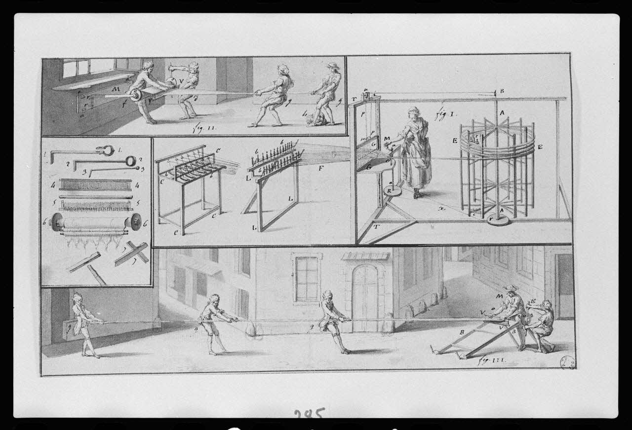 photographie "Soierie : préparation de la chaine". Dessin à la plume et encre noire Ph.1985.2.211  Photo