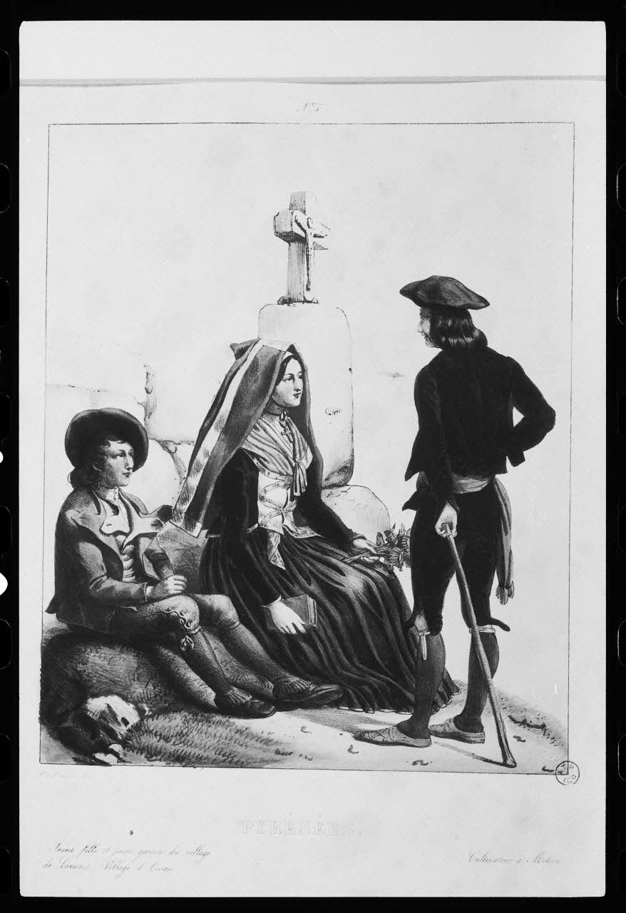 photographie Estampe datée de 1834 représentant des costumes d'homme, femme et enfant. Lithographie couleur. Editions Pingret, imprimerie Lemercier, librairie Gihaut Ph.1985.2.248  Photo