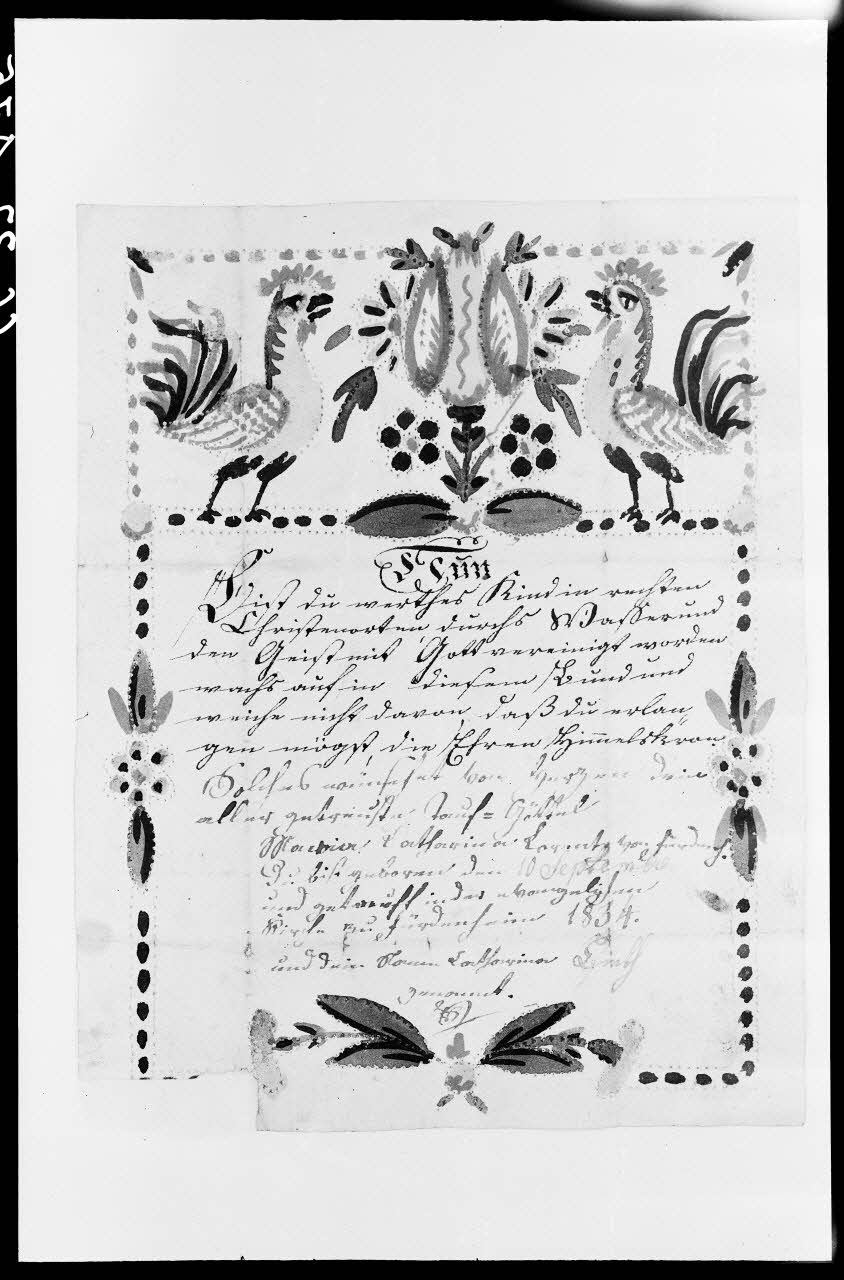 Alain Guey photographie Lettre de baptême avec dessin aquarellé et piqué. Provient du Bas-Rhin. Daté de 1834 Ile-de-France, France 1966/9/1 Ph.1966.37.475 Photo