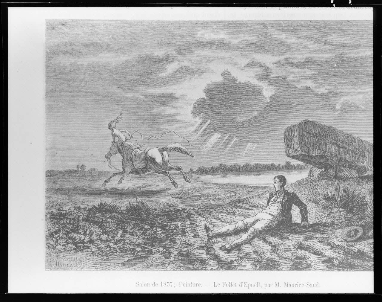 Alain Guey photographie "Le Follet d'Eppnell". Par Maurice Sand. Salon de 1857. Impression noir et blanc. In: "Magasin Pittoresque". Les ormes foudroyés aux branches fantasmagoriques effrayent le voyageur Auvergne, France 1968/10/1 Ph.1968.3.973 Photo