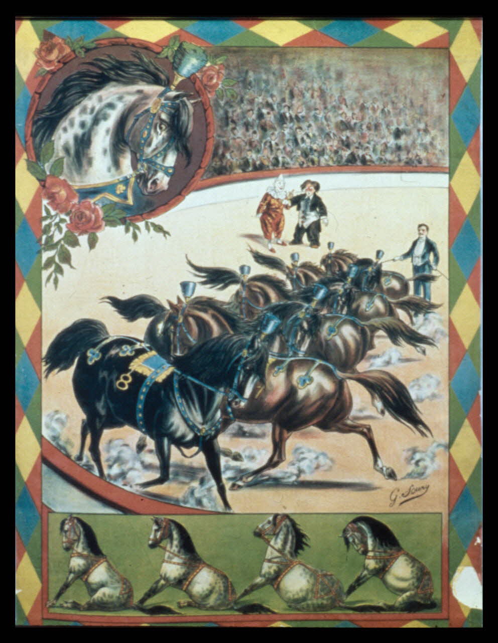 Jacques Hoepffner photographie Affiche de cirque. "La ménagerie Hagenbeck", avec ses chevaux en liberté. Signée G. Soury. Affiches Louis Galice, à Paris France 1976/12/1 Ph.1976.1.1276 Photo