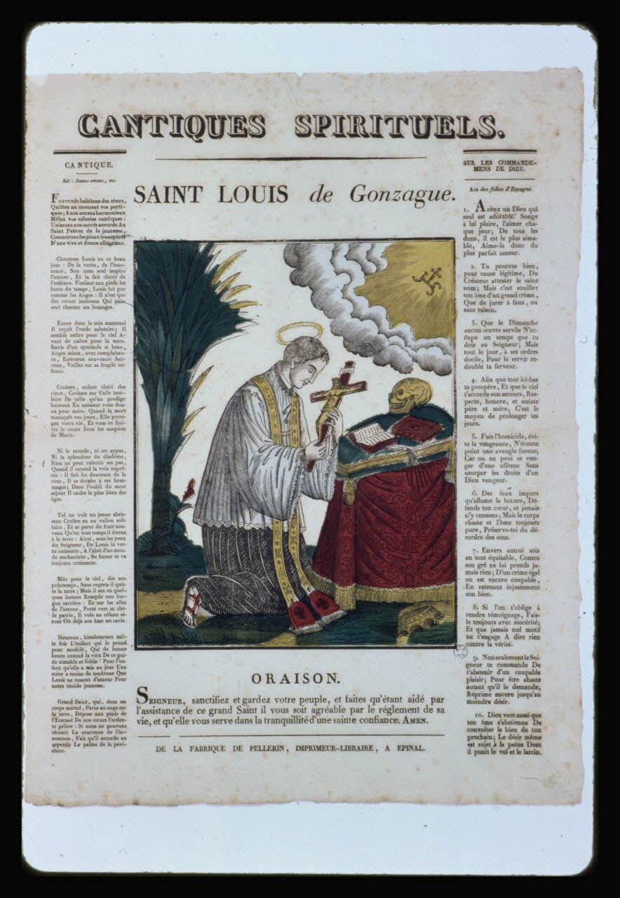 photographie " Saint-Louis-de-Gonzague". Estampe accompagnée d'un texte. Bois couleur. Maison Pellerin à Epinal Ph.1984.2.232 Photo