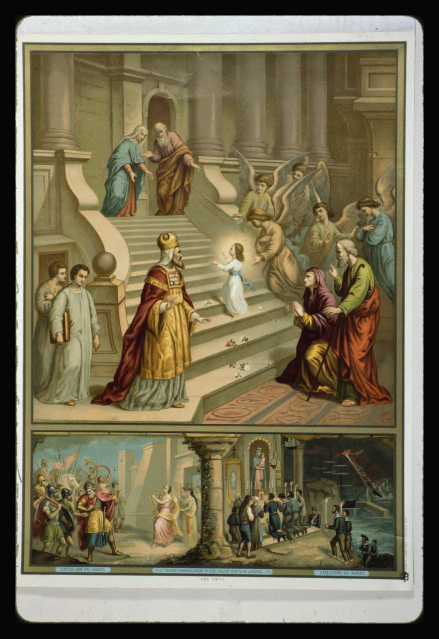 photographie Catéchisme en images : présentation au temple. Les commandements de Dieu (décalogue). Chromolithographie aux éditions Bonne Presse Ph.1984.54.31 Photo
