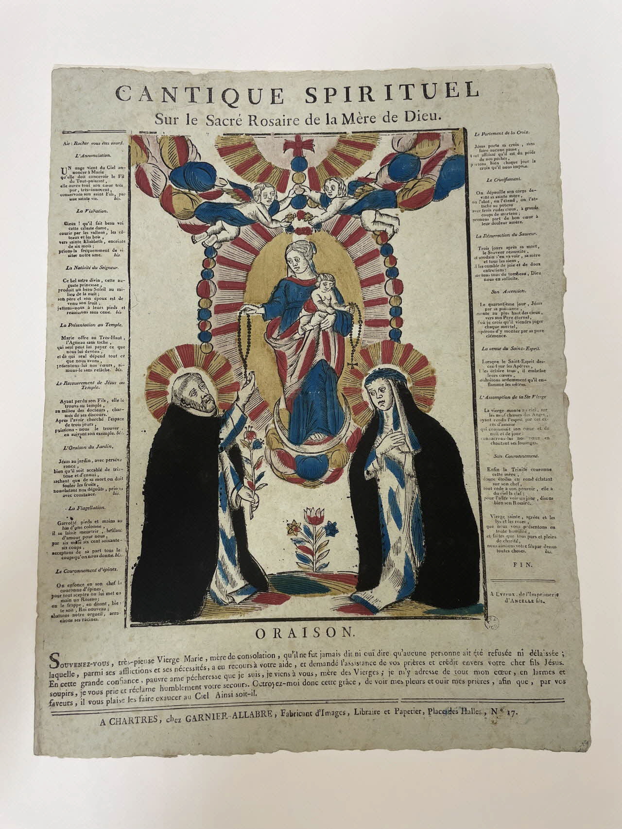 Jacques-Pierre Garnier-Allabre imagerie ancienne CANTIQUE SPIRITUEL  Sur le Sacré Rosaire de la Mère de Dieu. Chartres 1815-1823 1965.75.179 Photo Mucem