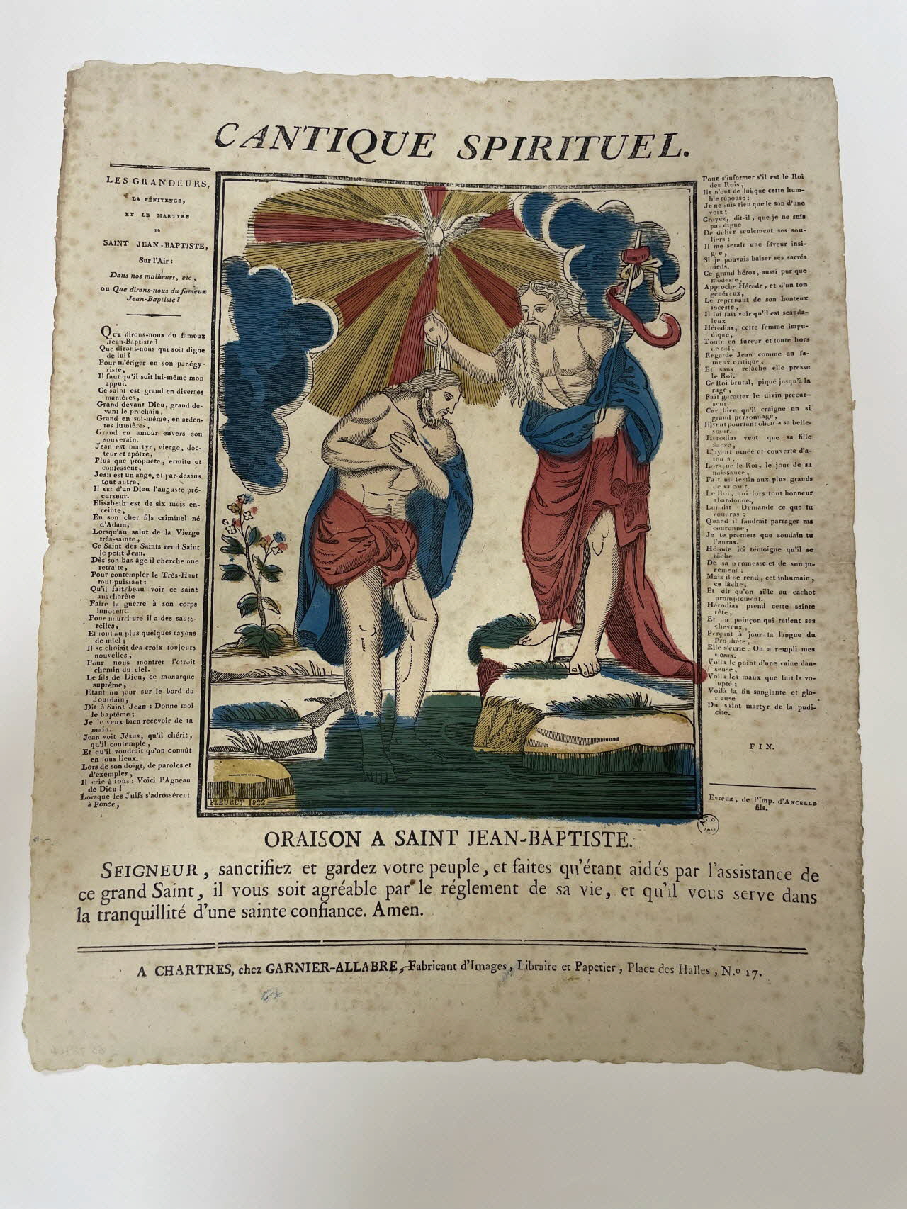 Fleuret ; Jacques-Pierre Garnier-Allabre imagerie ancienne CANTIQUE SPIRITUEL.  ORAISON A SAINT JEAN-BAPTISTE. Chartres 1822-1823 1965.75.194 Photo Mucem