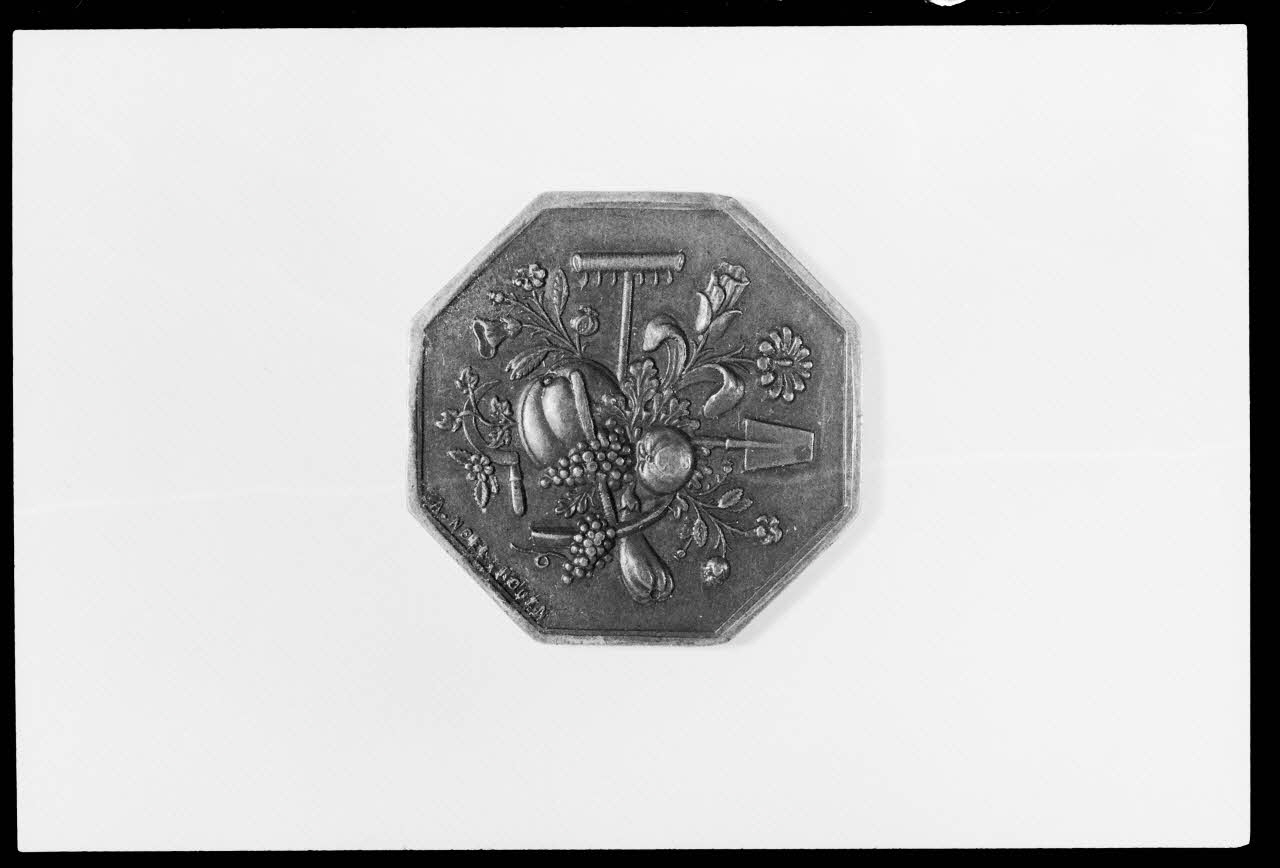 photographie Médaille et scapulaire octogonale, en cuivre, de 1836. Décor de fleurs et inscription : "Société centrale d'horticulture" Ph.1988.1.294 Photo