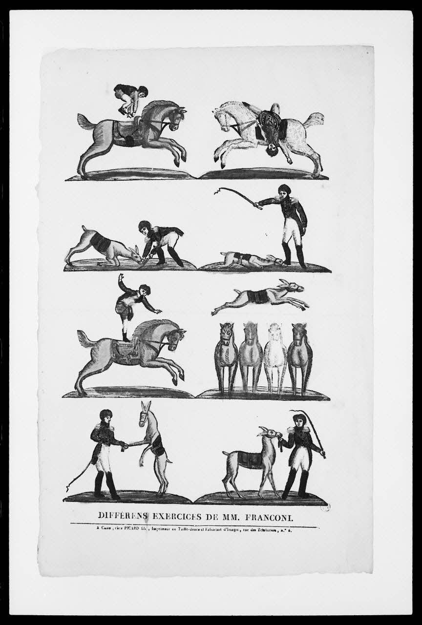 photographie "Différents exercices de M. Franconi". Estampe datée de 1835. Bois couleur. Maison Picard fils à Caen (1831-1835) Ph.1988.2.145 Photo