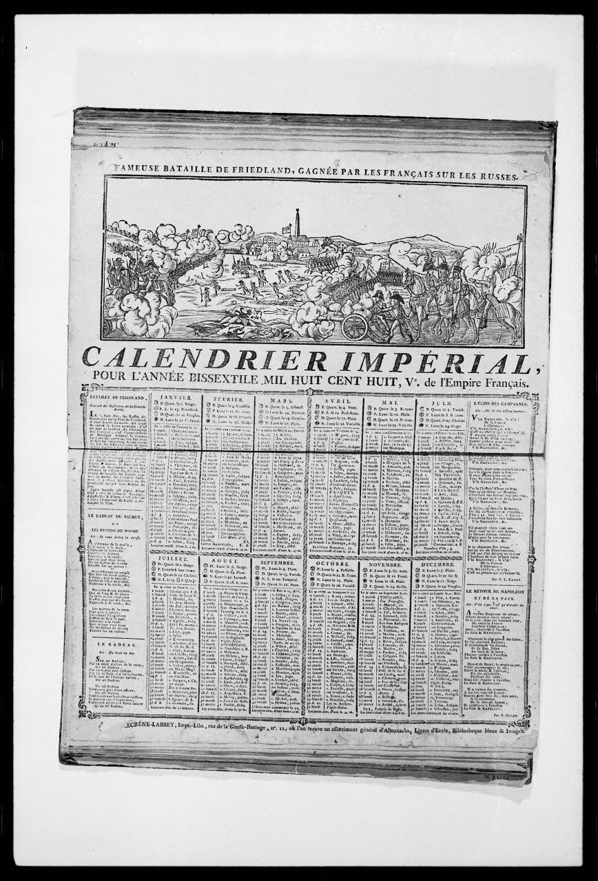 photographie Calendrier impérial de 1808 représentant la Bataille de Friedland. Bois noir et blanc. Maison Lecrene-Labbey à Rouen Ph.1988.2.151 Photo