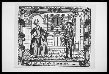 photographie "Le message mistérieux". Estampe datée de 1790. Bois couleur. Maison Barc à Chartres (1772-1790) Ph.1988.2.157 Photo
