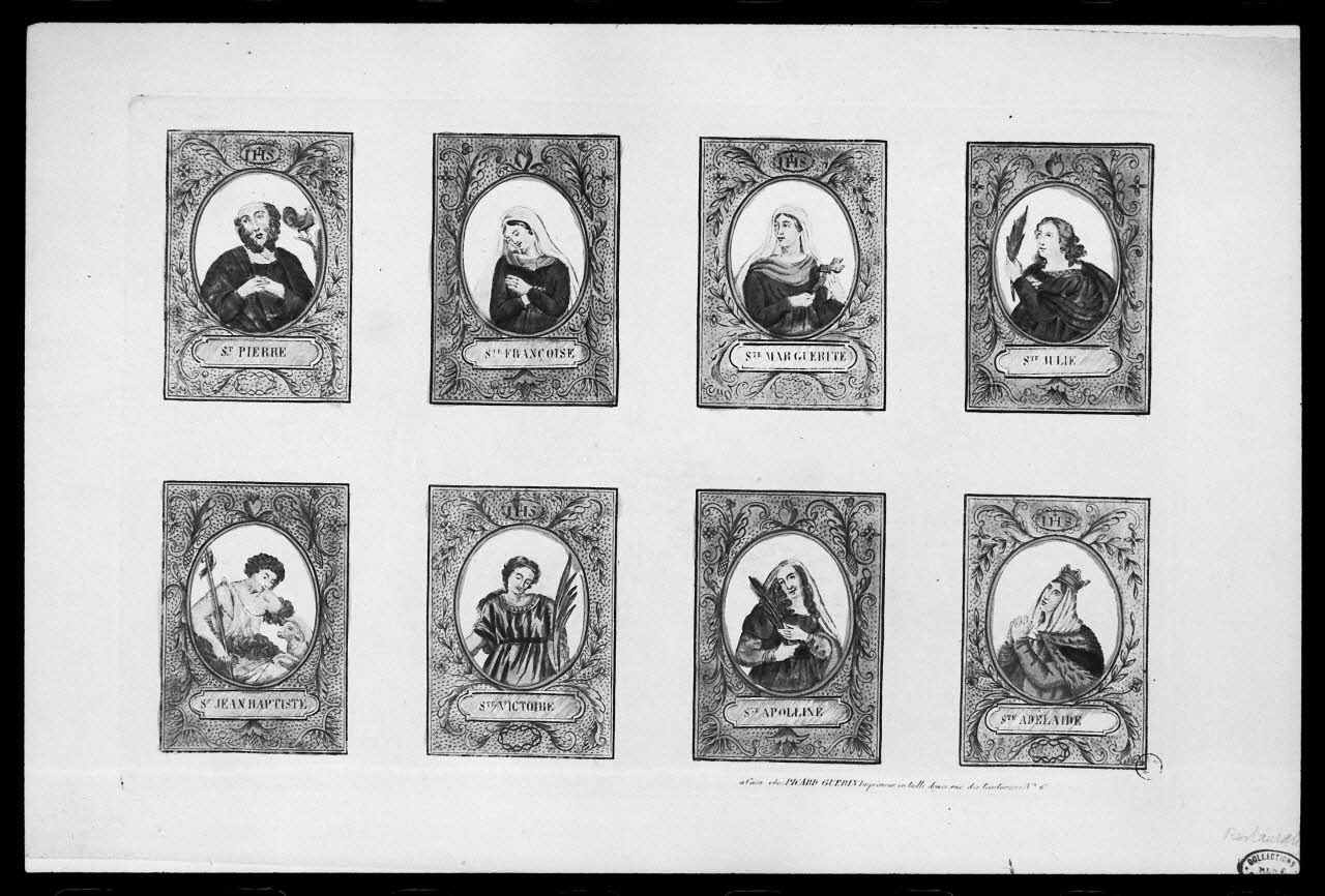 photographie "Planche de saintetés (8 vignettes)". Estampe datée de 1831. Taille douce couleur. Maison Picard-Guérin à Caen (1809-1831) Ph.1988.2.161 Photo