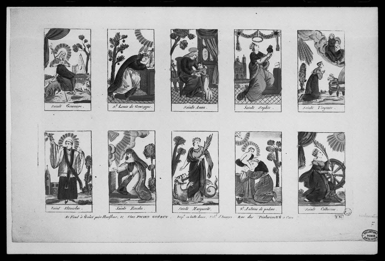 photographie "Planche de saintetés (10 vignettes)". Estampe datée de 1831. Taille douce couleur. Maison Picard-Guérin à Caen (1809-1831) Ph.1988.2.162 Photo