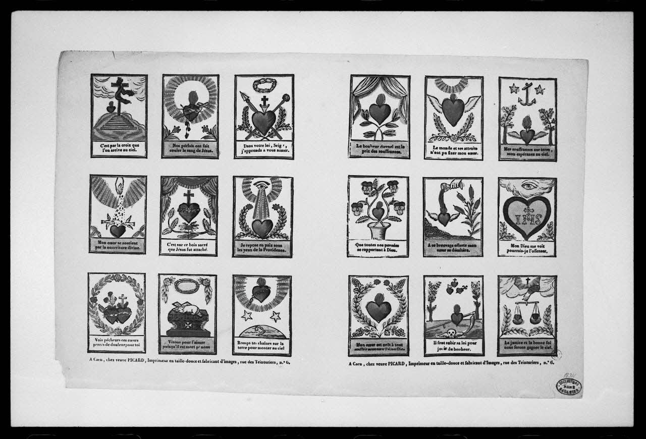 photographie "Planche de maximes religieuses". Estampe accompagnée d'un texte, datée de 1841. Bois couleur. Maison Picard-Guérin à Caen (1835-1841) Ph.1988.2.163 Photo