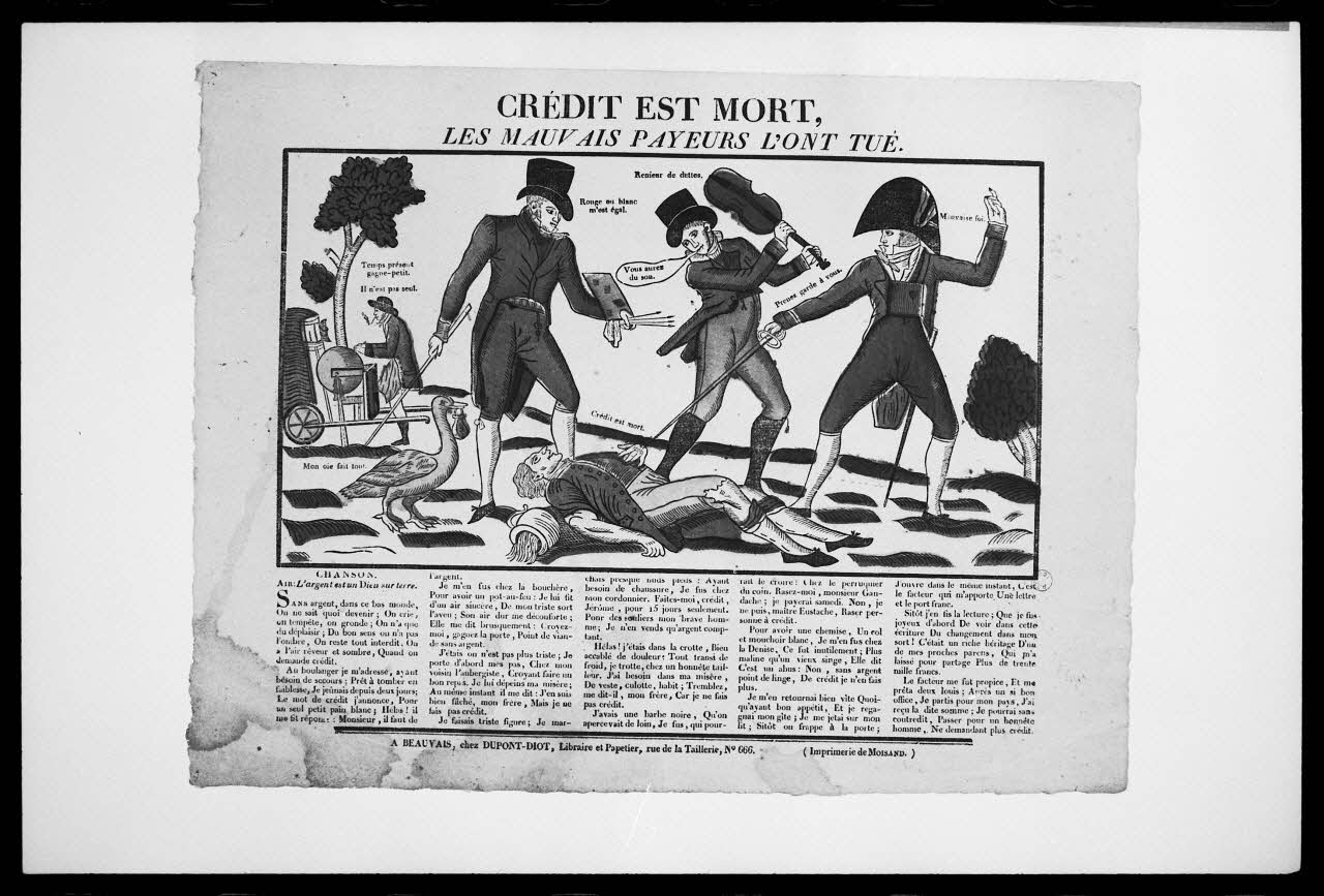 photographie "Crédit est mort". Estampe accompagnée d'un texte datée de 1829. Bois couleur. Maison Dupont-Diot à Beauvais (1826-1829) Ph.1988.2.174 Photo
