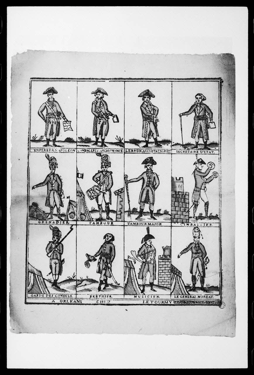photographie "Planche militaire(12 vignettes)". Estampe datée de 1812. Bois couleur. Maison Letourmy à Orléans(1804-1812) Ph.1988.2.204 Photo
