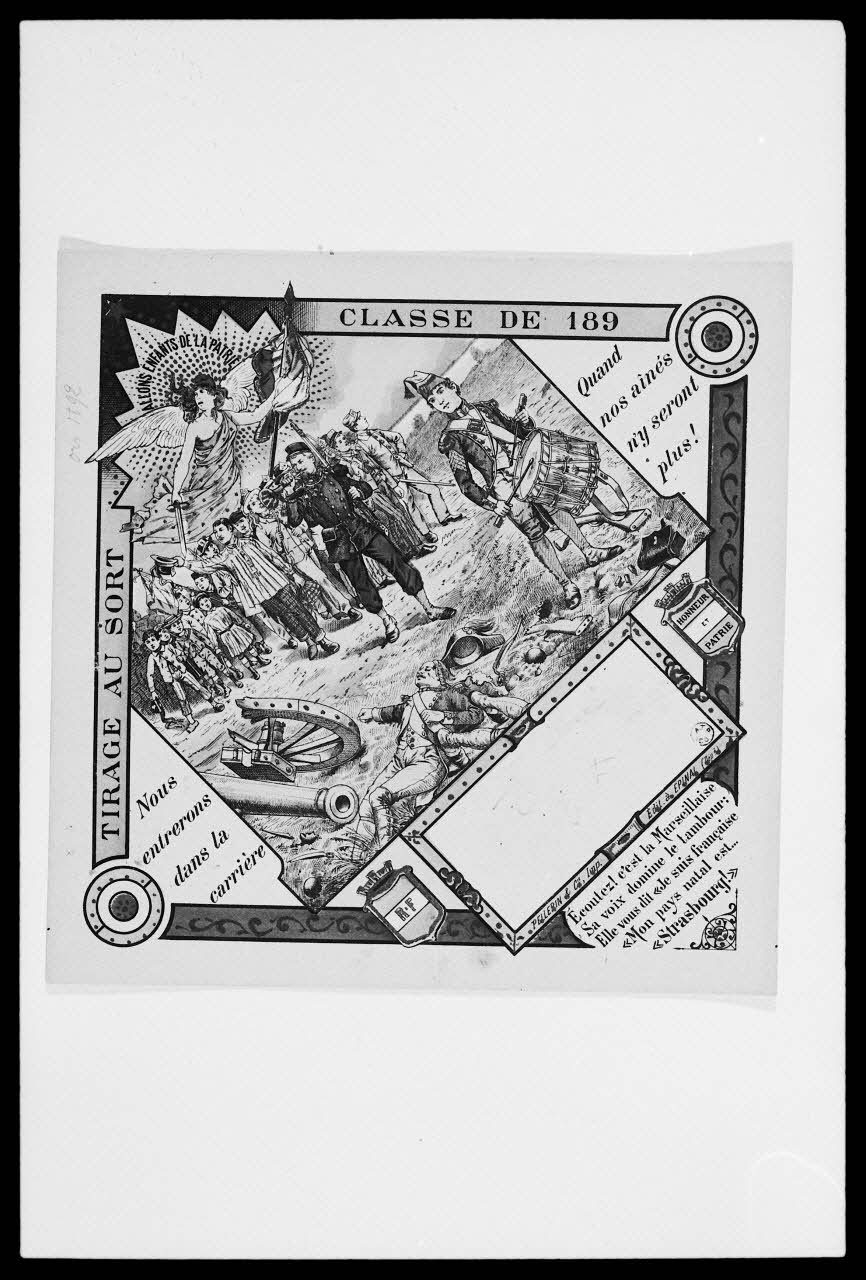 photographie "Nous entrerons dans la carrière". Numéro de conscrit daté de 1892. Litho couleur. Maison Pellerin à Epinal Ph.1988.2.219 Photo