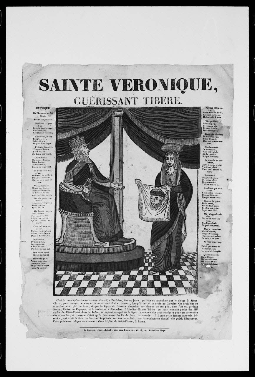 photographie "Sainte Véronique guérissant Tibère". Estampe accompagnée d'un texte datée de 1833. Bois couleur. Rennes Ph.1988.2.222 Photo