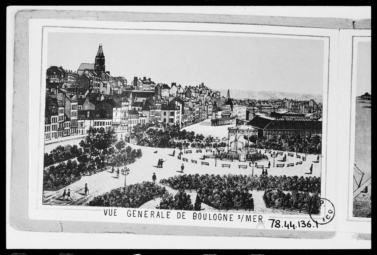photographie "Vue générale de Boulogne s/ mer". Estampe datée du 19è siècle. Lithographie couleur. Maison Jacobi et Zobel à Dresde Ph.1988.2.225 Photo