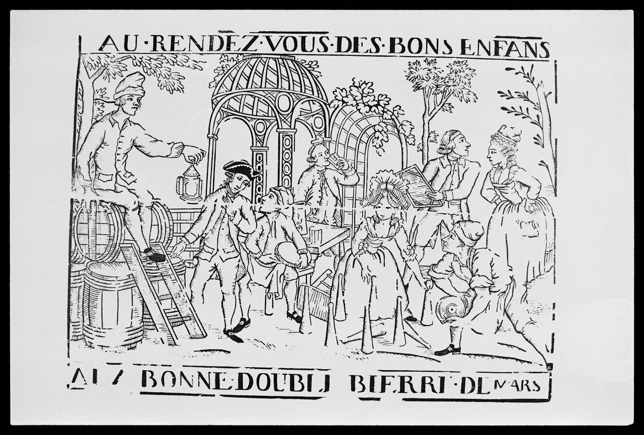 photographie "A la bonne double bière". Estampe datée de 1800. Bois noir et blanc. Maison Letourmi à Orléans Ph.1988.2.26 Photo