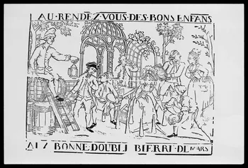 photographie "A la bonne double bière". Estampe datée de 1800. Bois noir et blanc. Maison Letourmi à Orléans Ph.1988.2.26  Photo