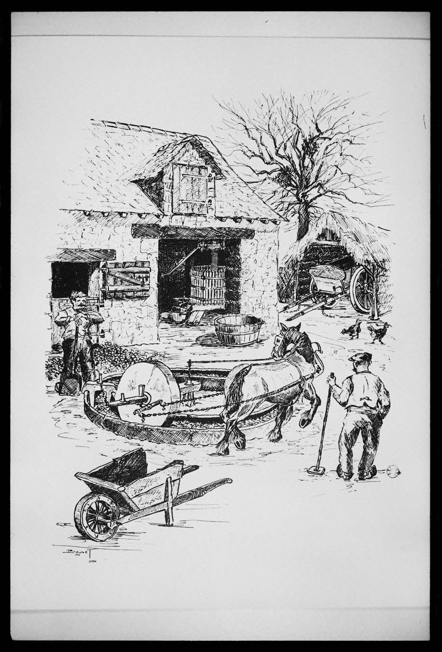 photographie Estampe représentant un local agricole et viticole. Reproduction industrielle noir et blanc. Dessin de Bouvet Ph.1988.2.261 Photo