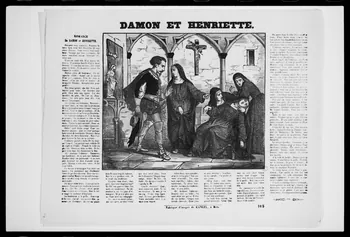 photographie "Damon et Henriette". Estampe accompagnée d'un texte. Bois couleur. Maison Gangel à Metz Ph.1988.2.265 Photo