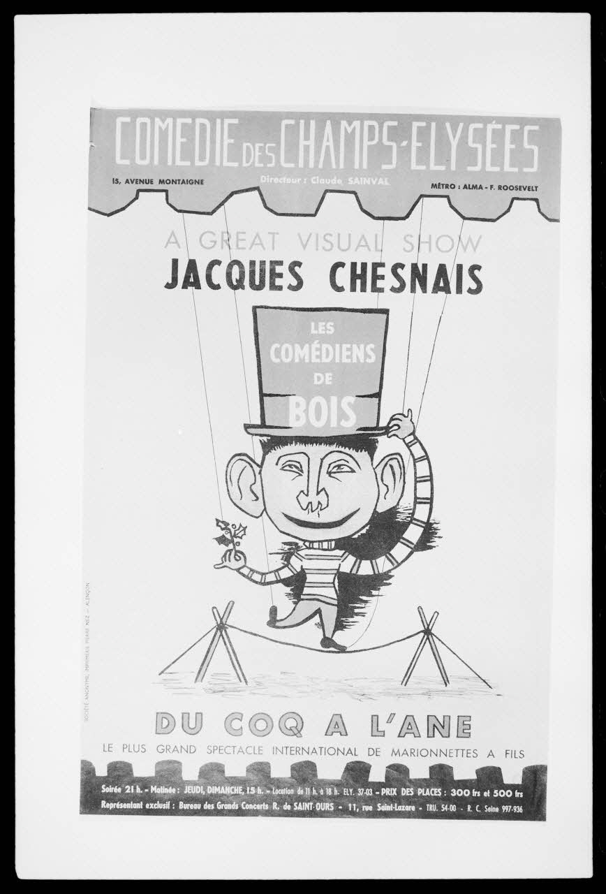 photographie "Les comédiens de bois : Du coq à l'âne". Affiche publicitaire pour un théâtre de marionnette. Reproduction Industrielle couleur. Alencon Ph.1988.2.315 Photo
