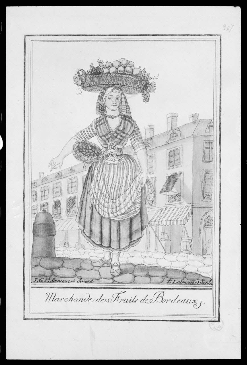 photographie "Marchande de fruits de Bordeaux". Estampe datée de 1796. Taille-douce couleur Ph.1988.2.370 Photo