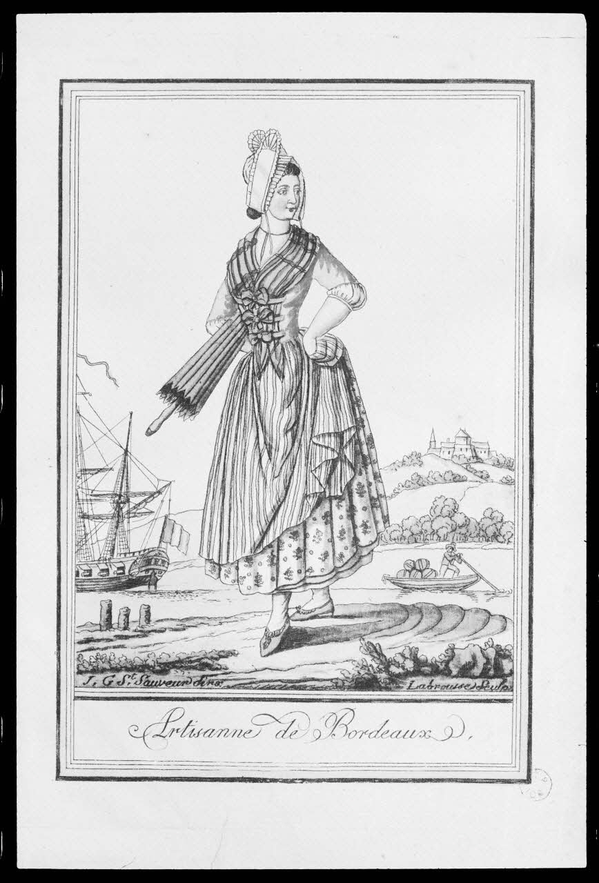 photographie "Artisanne de Bordeaux". Estampe datée de 1796. Taille-douce couleur Ph.1988.2.374 Photo