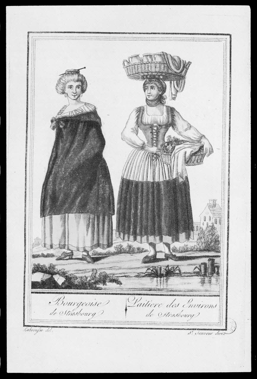 photographie "Bourgeoise de Strasbourg et laitière". Estampe datée de 1796. Taille-douce couleur Ph.1988.2.375 Photo