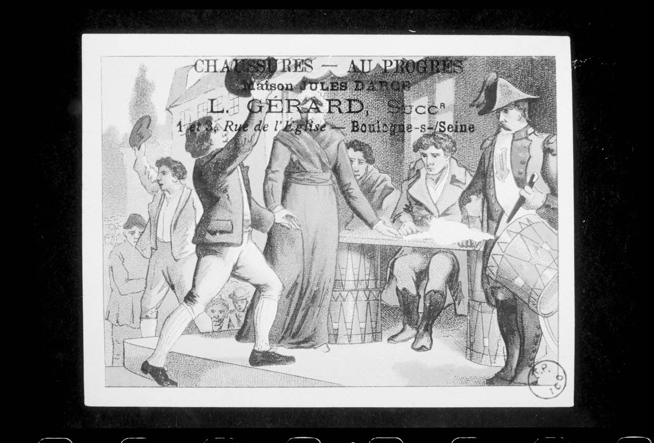 photographie Carte publicitaire illustrée par la Révolution Française pour des chaussures. Reproduction industrielle couleur Ph.1988.2.394 Photo