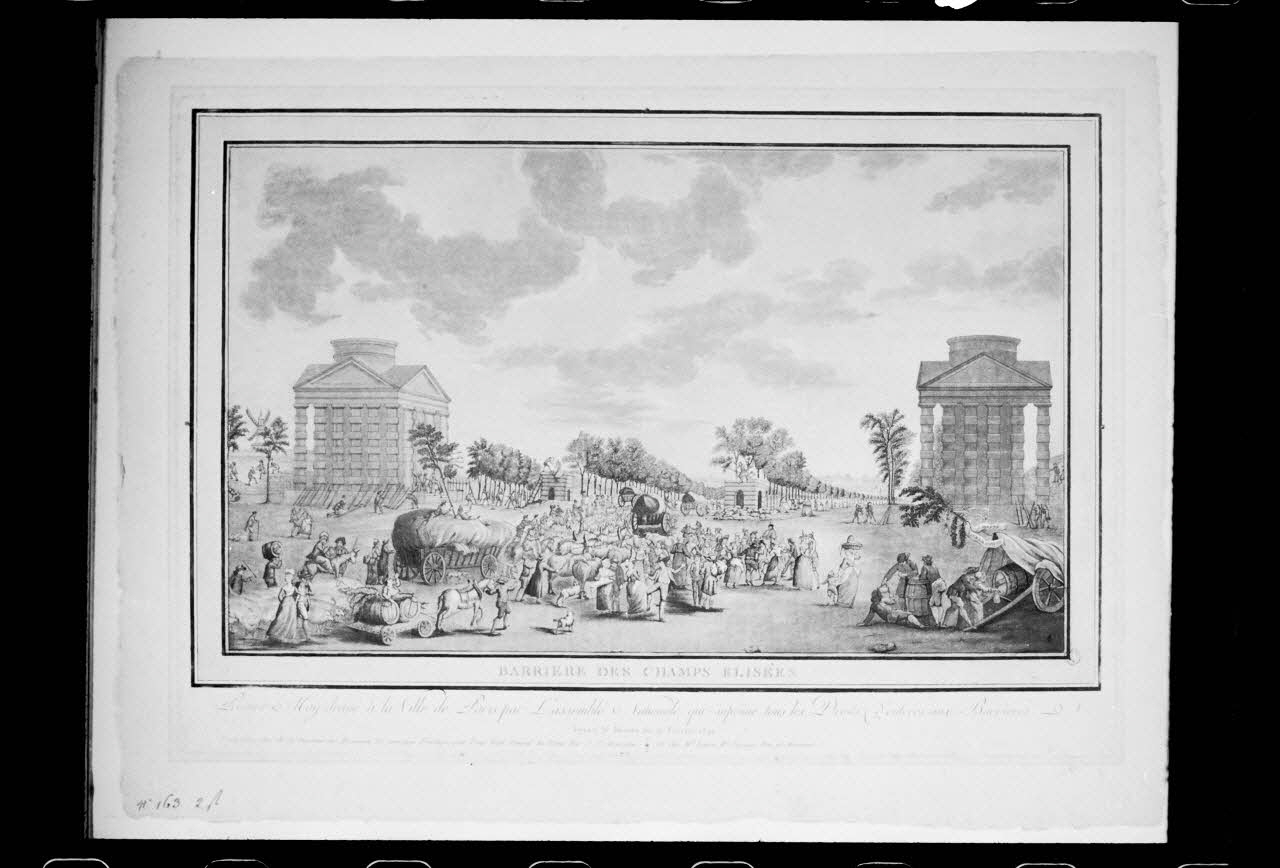 photographie "Barrière des Champs-Elysées". Estampe datée du 18è siècle. Taille douce couleur Ph.1988.2.396 Photo