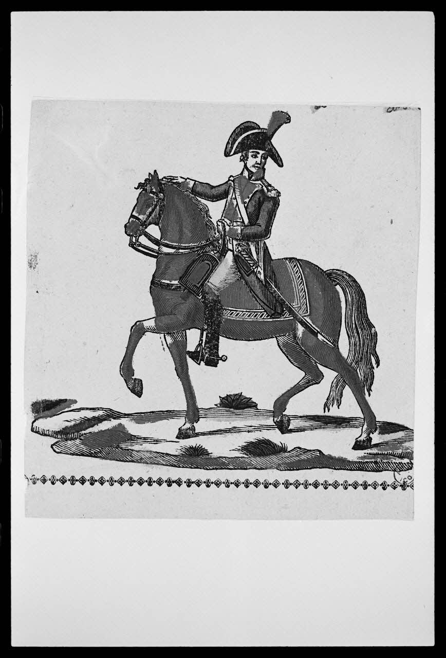 photographie "Cavalier : fragment d'une frise". Estampe datée de 1814. Bois couleur. Maison Hurez à Cambrai Ph.1988.2.40 Photo