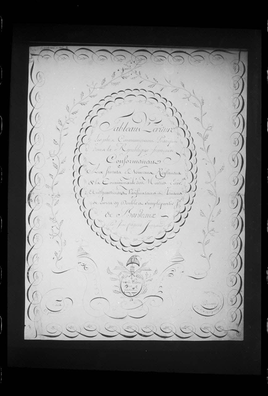 photographie Dessin à la plume manuscrit datée de 1794. "Tableau d'écritures". Plume, encre, décor de bonnet phrygien Ph.1988.2.462 Photo