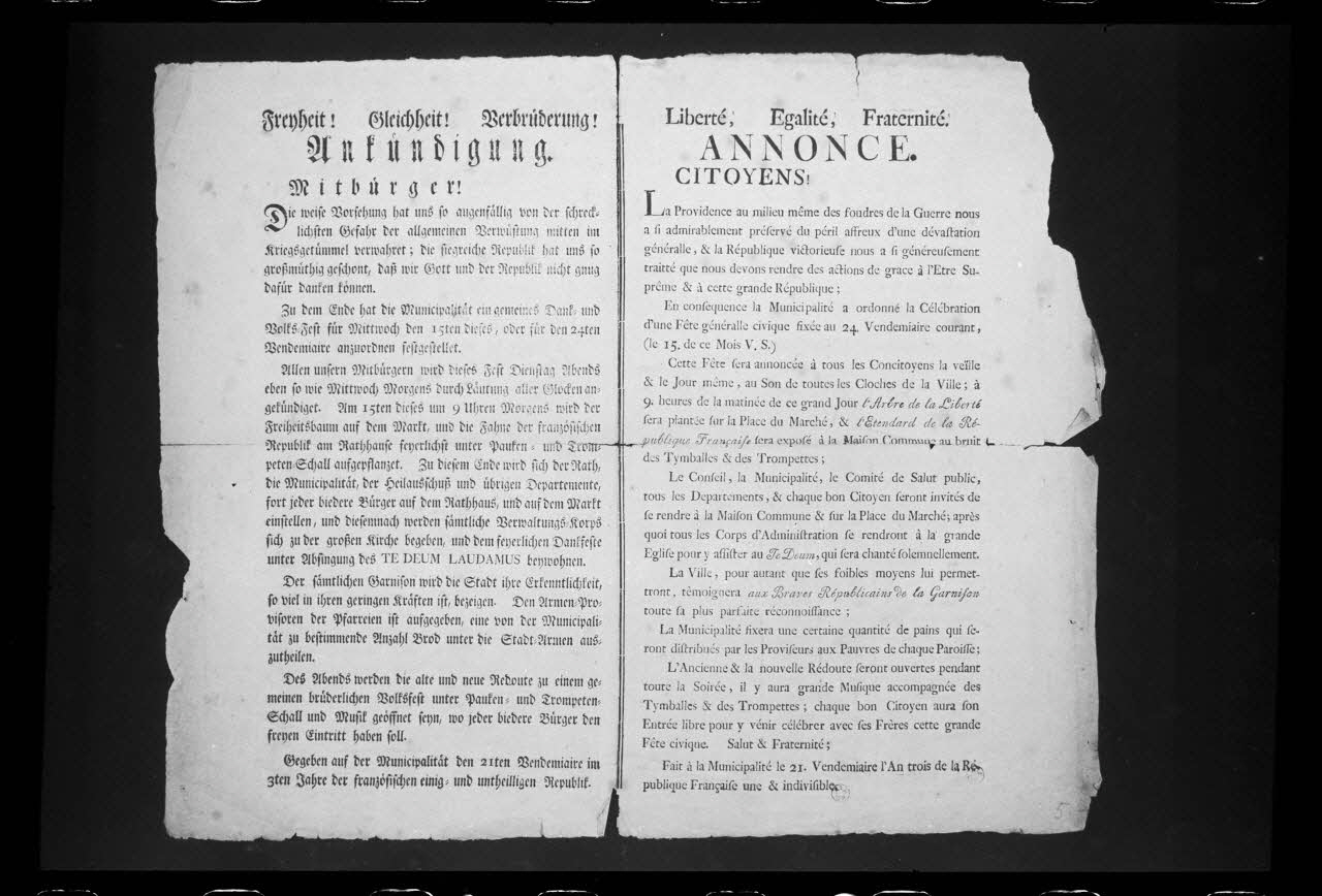 photographie "Annonce : Citoyens-arbre de la liberté". Affiche datée de 1794. Typographie noir et blanc Ph.1988.2.466 Photo