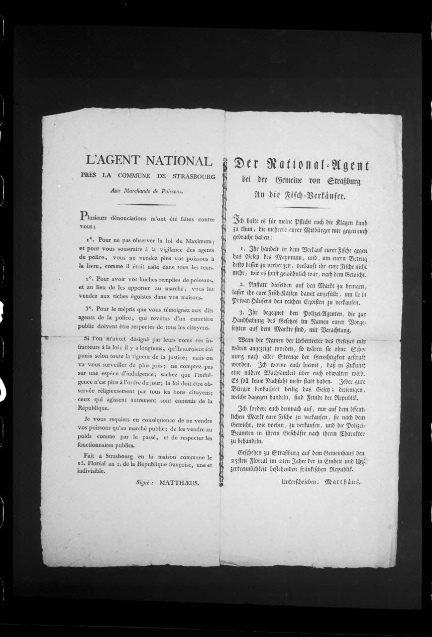 photographie "L'agent national aux marchands de poisson". Document administratif daté de 1793. Typographie noir et blanc Ph.1988.2.470 Photo