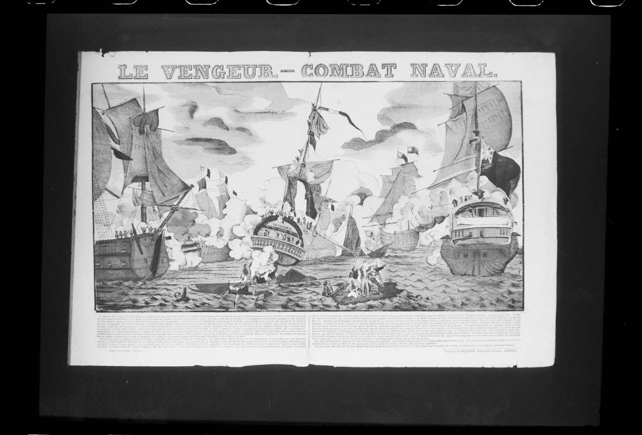 photographie "Le vengeur. Combat naval". Estampe accompagnée d'un texte, datée de 1837. Bois couleur. Maison Pellerin à Epinal Ph.1988.2.513 Photo