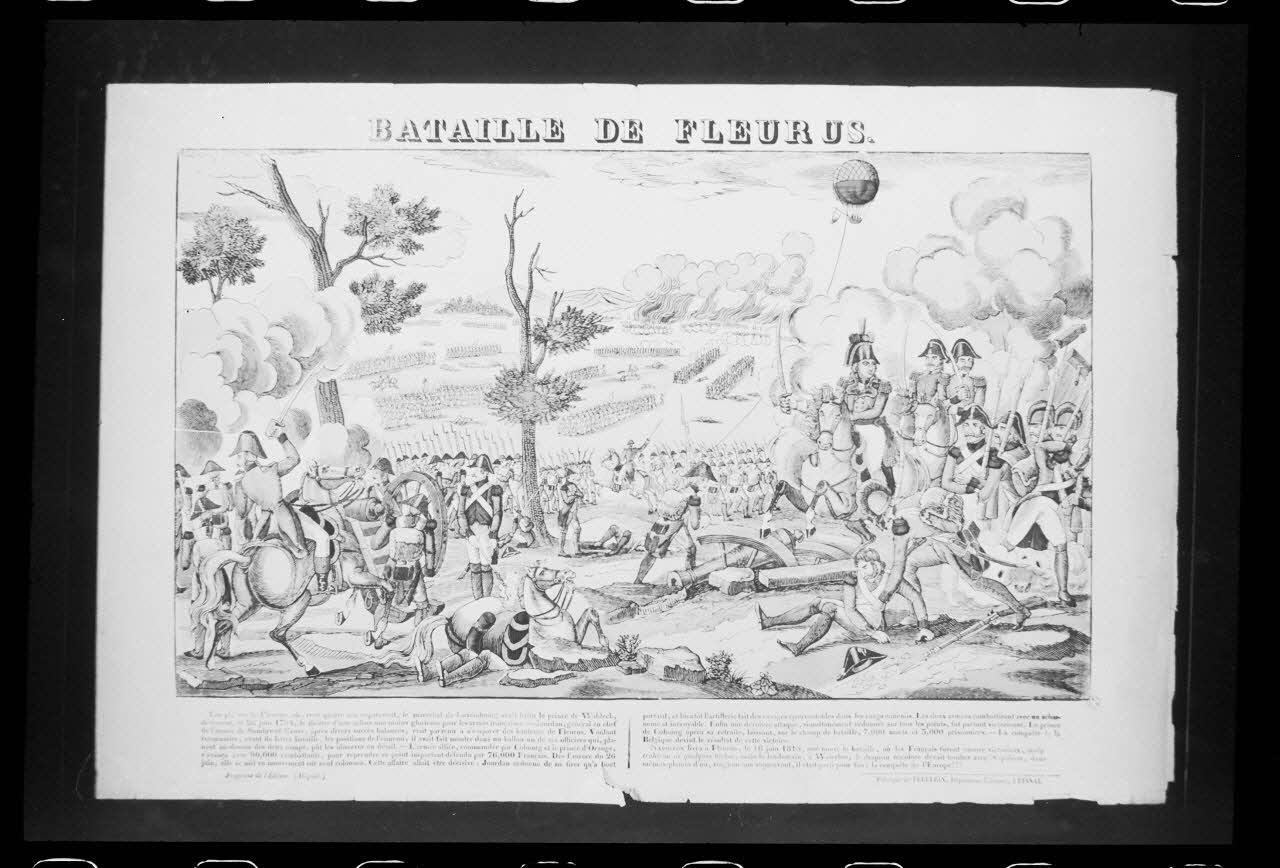 photographie Estampe datée de 1837 représentant la Bataille de Fleurus. Bois couleur. Maison Pellerin à Epinal Ph.1988.2.526 Photo