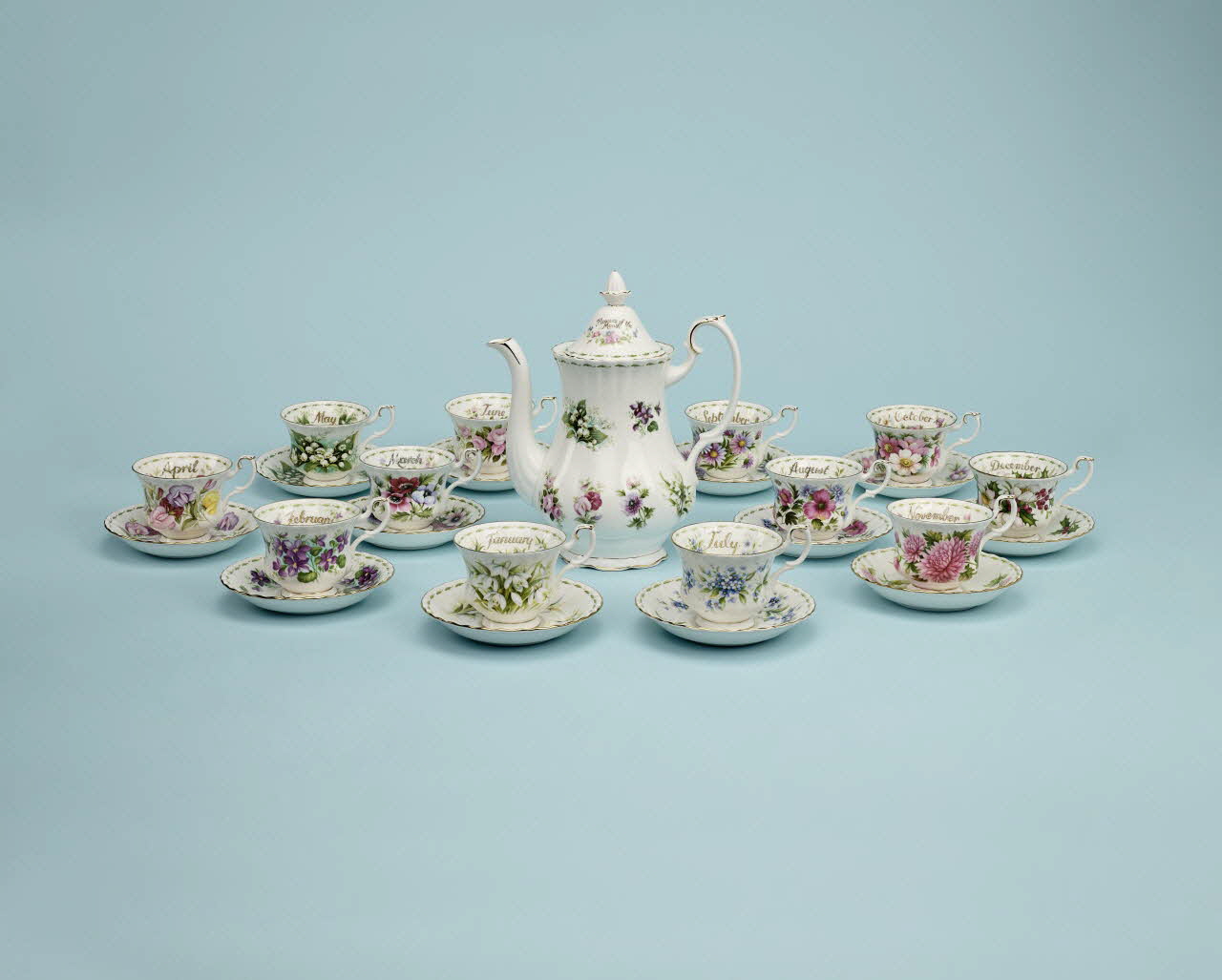 Royal Albert service à thé Flowers of the Month Royaume-Uni 1970 2023.46.1.1-13 Photo Mucem / Marianne Kuhn