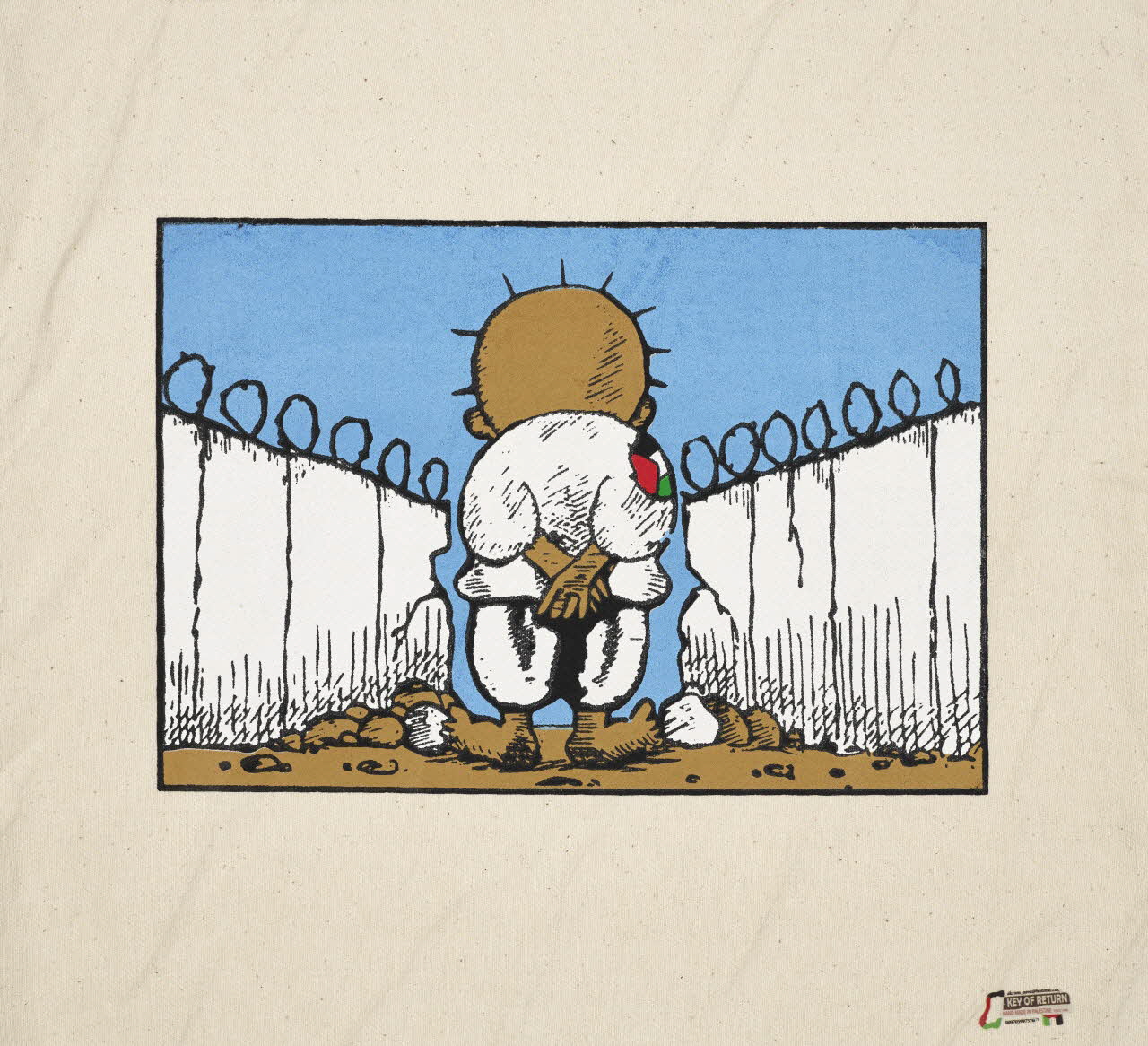 SAC DE TOILE Sac avec l'image de Handala passant entre deux murs 2023.40.7 Photo Mucem / Marianne Kuhn