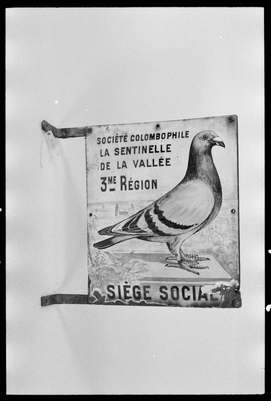 Alain Guey photographie Plaque enseigne de la Société colombophile. La sentinelle de la troisième région. Siège social. Représente un pigeon peint Ile-de-France, France 1974 Ph.1974.63.66 Photo